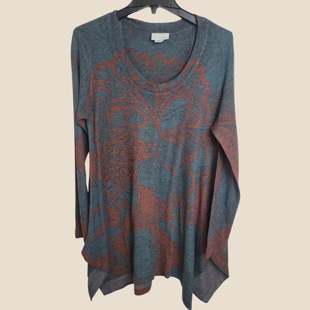 Soft Surroundings Tunic Top Boho Floral Asymmetrical Hem Blue Rust Brown Medium